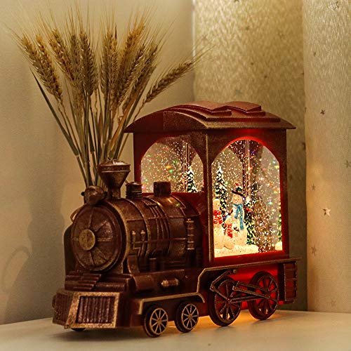 Image of Eldnacele Red Christmas Train Snow Globe Lantern with Music and Timer