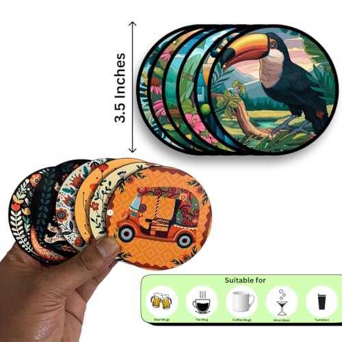 Image of Zesta Coasters for Cups Set of 6 / Wooden Coasters for Bar Accessories for Home /Tea Coaster Set of 6 / Waterproof Dining Table Decor Glass Cover (Birds, Circle)