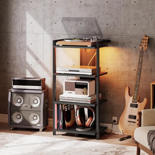 HOOBRO 4-Tier AV Media Console With Charging Station and LED Light, Wooden Stereo Cabinet, Corner TV Stand, Record Player, Entertainment Device, Black BB38UDCJ01 - Image 3