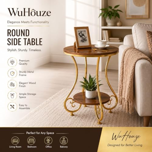 Image of Modern Double-Top Coffee Table with Rustic Farmhouse Accent, Multipurpose Living Room Bedroom, Two-Tier Small Sofa Side Bedside Table with Metal Frame Nightstand (Gold Brown)
