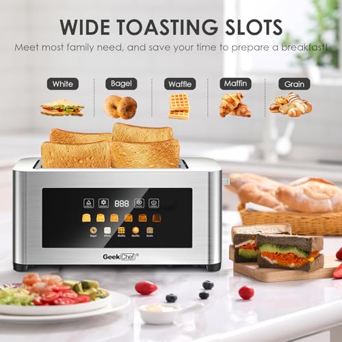 Image of Long Slot Toaster 4 Slice, Geek Chef 1.5 inch Touch Screen Extra Wide Slots for Bagels & Waffles, 6 Browning Levels, Timer, Reheat, Defrost, Cancel Function, Removable Crumb Tray, Stainless Steel
