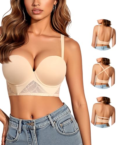 Backless Bra Halter Low Back Bras for Women Underwire Padded Support Bra with Convertible Straps