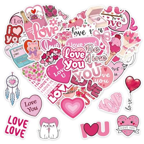 Cute I Love You Stickers for Valentines Day 50PCS Love Aesthetic Waterproof Stickers Pack for Water Bottle Laptop Scrapbook Journal Heart Decals Romantic Gift Party Supplies