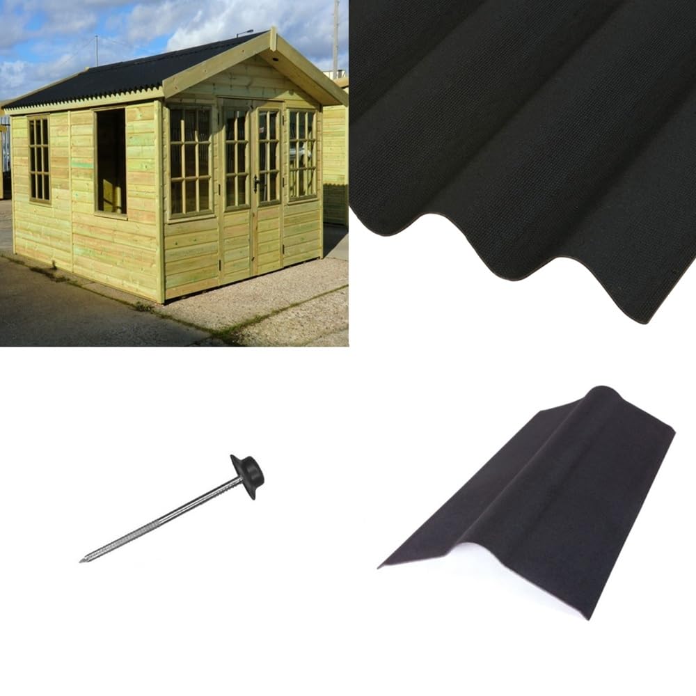 Shed Roofing Kit - Corrugated Bitumen Roof Sheets, Ridge & Fixings with Coverage Up to 6ft x 8ft for Apex Roofs (Black)