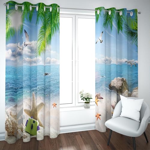 UIRINGART Cortinas Ventanas océano Tropical Relajante Playa Hojas Palma gaviotas Patrón Estrellas mar Cortinas con Aislamiento térmico para Sala Estar Dormitorio 2 Paneles H210xB200