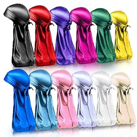 BIGEDDIE 12Pcs Durag Pack, Durags for Men Silky, Silk Durag for Men Women Waves, Satin Du rag with Long Tail and Wide Straps 12 Colors Cover