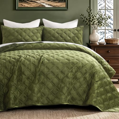 WONGS BEDDING Velvet Comforter King, Lattice Diamond Quilt Set, Olive Green - image 1