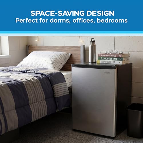 Image of Avanti Mini Fridge 2.6 Cu. Ft. Compact Refrigerator for Dorm, Office & Bedroom, Chiller Compartment, Glass Shelf, Reversible Door with Automatic Defrost, ENERGY STAR, Stainless Steel