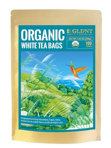 GLDNT Organic White Tea Bags, Mellow &amp; Delicate Taste, Caffeinated, 100ct