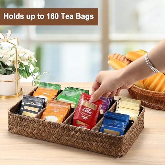 ELLDOO Tea Bag Organizer Tray, 8 Sections Sugar Packet Holder Coffee Pod Storage Condiment Organizer Seagrass Divided Basket for Pantry Drawer Shelf Countertop, Coffee