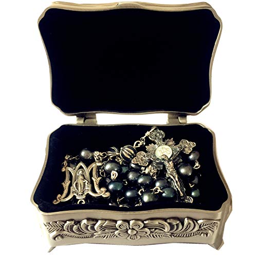 elegantmedical Black Pearl Bali Sterling Silver Cross Beads Catholic Rosary necklace box Mans Womens gift4