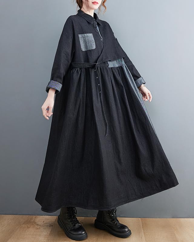 ellazhu Women's Dress Casual Lapel Long Sleeve Oversize Button Down Patchwork Long Maxi Hem Side Pockets GZ625 A2