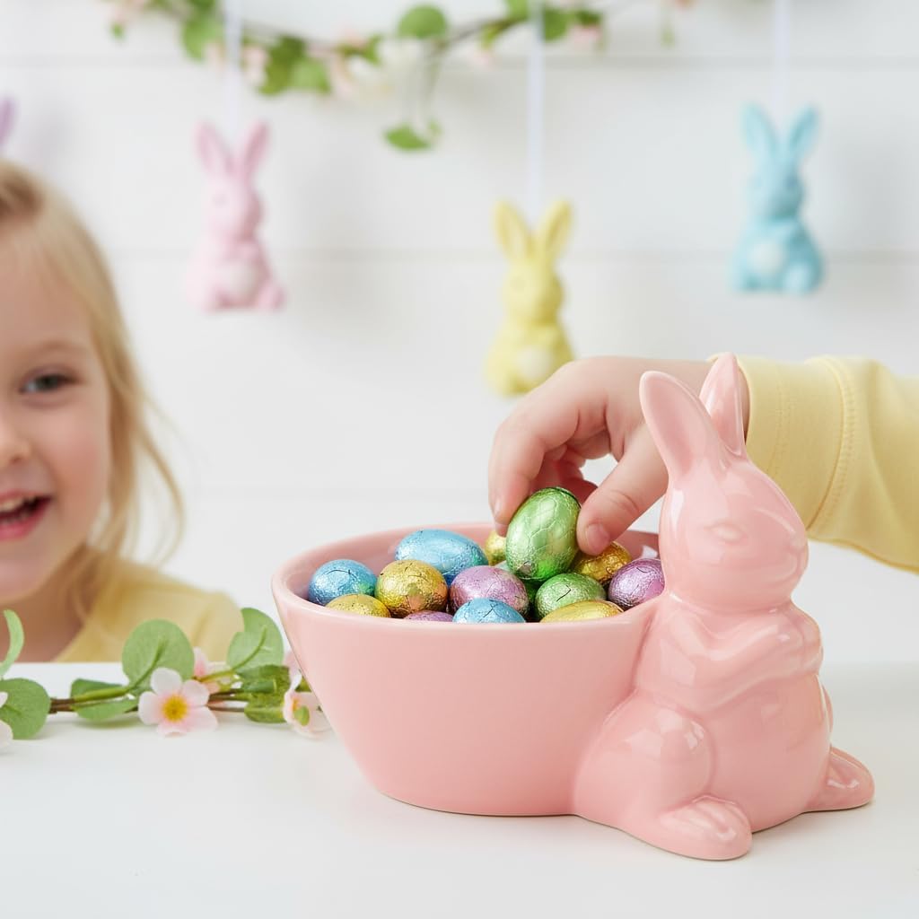 DOITOOL Easter Bunny Candy Bowl, Ceramic Rabbit Serving Dish for Snack Dessert Salad Spring Table Centerpiece Decor (Pink，1PC)