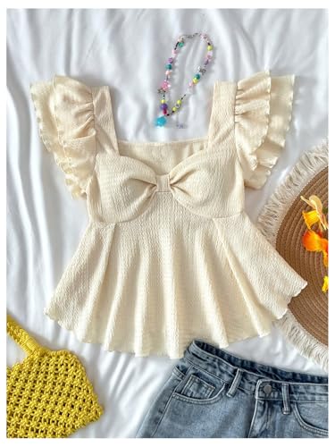 SweatyRocks Girl's Layered Ruffle Sleeve Peplum Top Ruched Sweetheart Neck Flowy T Shirts3