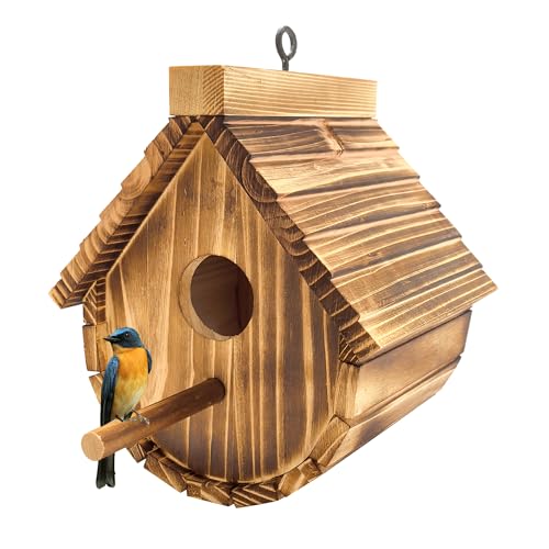 KWISAMR 1 Pack Wren Houses for Outdoors Natural Wooden Hanging Bird House for Chickadee Bluebird Handmade from Natural Wood for Garden Decorations