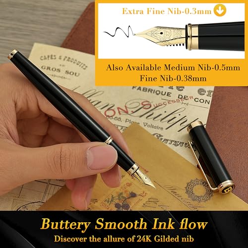 Image of BEILUNER Black Fountain Pen,Stunning Luxury Pens with 24K Gold Accents, Gorgeous 24K Gilded Nib(Extra Fine), Fancy Pen Gift for Men&Women -Ink Converter-Elegant, Reliable,Christmas Presents, Nice Pen