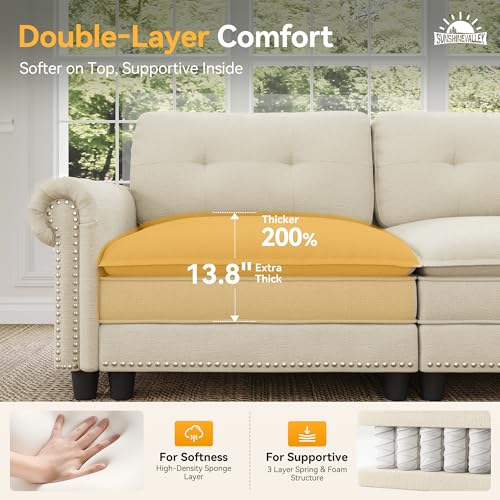 Image of SUNSHINE VALLEY 73.2 inch Modular Cloud Loveseat with Extra Wide & Deep Seats, Oversized 2-Seater Mid-Century Modern Couch with Nailhead Trim and Throw Pillows for Living Room, Chenille Beige