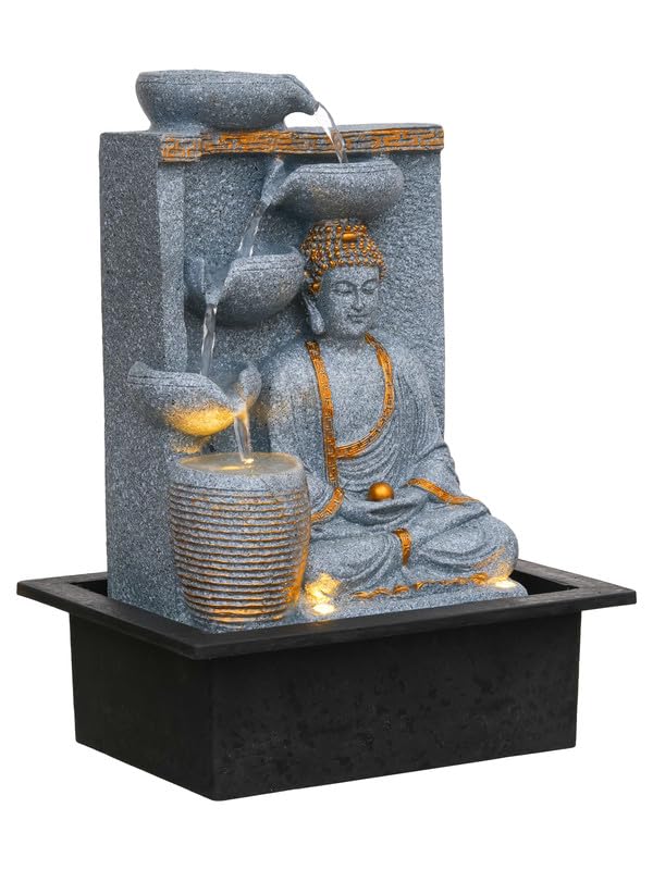 Image of Polyresin Grey Meditating Buddha Tabletop Indoor 4 Diya Steps Water Fountain for Home Decor with Yellow LED Light & Speed Controller Pump (Size: 40 x 29.5 x 22CM | Wt: 2685grm)
