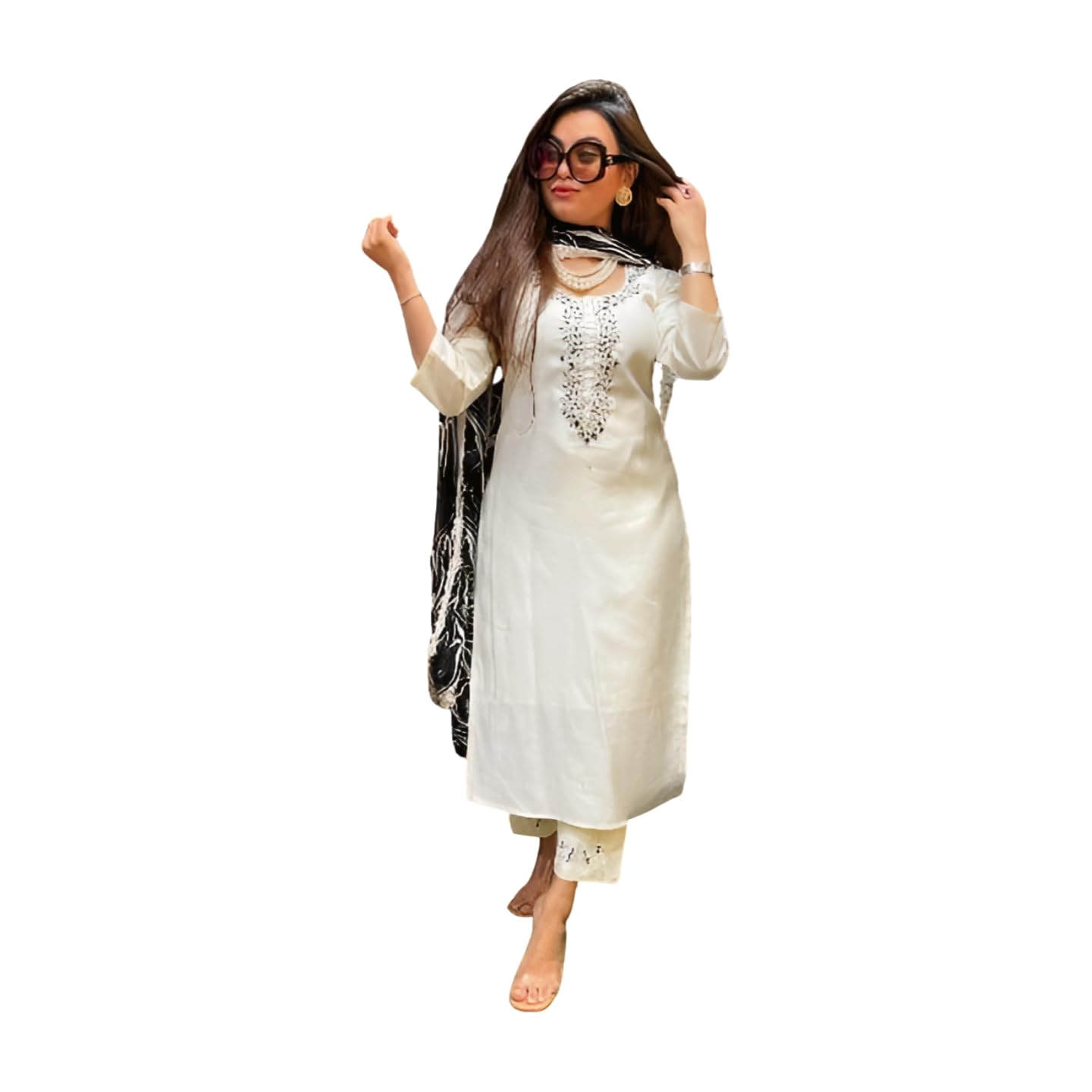 Shiv Textiles Women's Viscose Rayon Embroidered Kurta Pant Dupatta Set(Jda-Reshma-Cream-S)