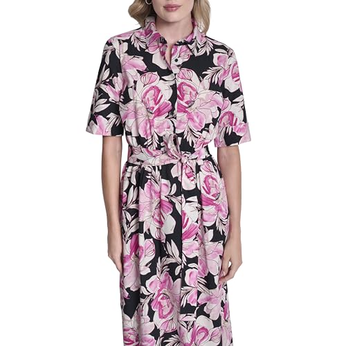 Image of DKNY Women's Short Sleeve Cotton Poplin Collared Midi Shirtdress