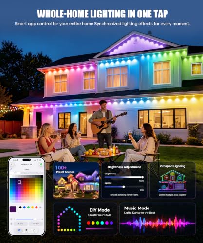 Image of POOFZY Permanent Outdoor Lights 50FT, RGBIC Smart Outdoor Lights for House, App & Voice Control, Waterproof Outdoor Eave Lights for Christmas Holiday Patio Yard Decor