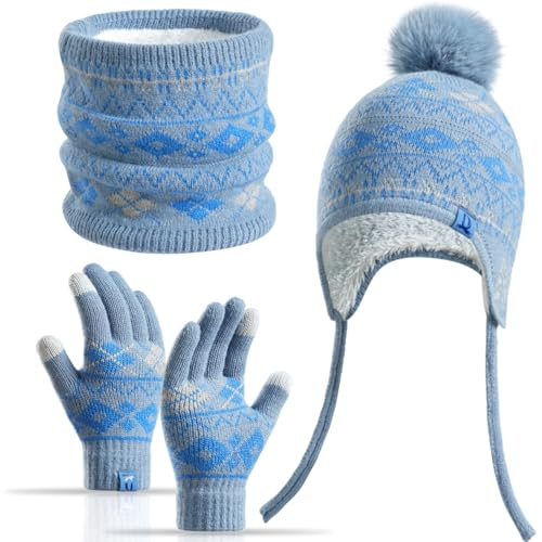 Kids Winter 3 Pce Set Fleece Lined Hat Neck Gaiter Gloves for 3-8Y Fair-Isle with Pom Pom Touch Screen Outdoor Use