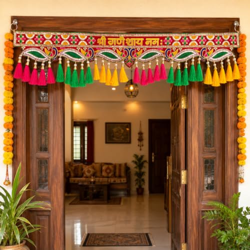 Image of ONESTA Handcrafted Shree Ganeshay Namah Toran for Main Door | Traditional Peacock Design Bandhanwar with Colourful Tassels | Festive Entrance Door Hanging Bandarwal for Home Pooja Room Mandir & Diwali Decoration 3 Feet (Pack 01)