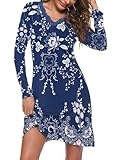 Ekouaer Nightgown Long Sleeve for Women Night Gown Above Knee Length Loungewear Sexy Lace Nightshirt Breathable Sleepwear V Neck Sleepshirt Soft Pajama Dress Navy Flower Vine