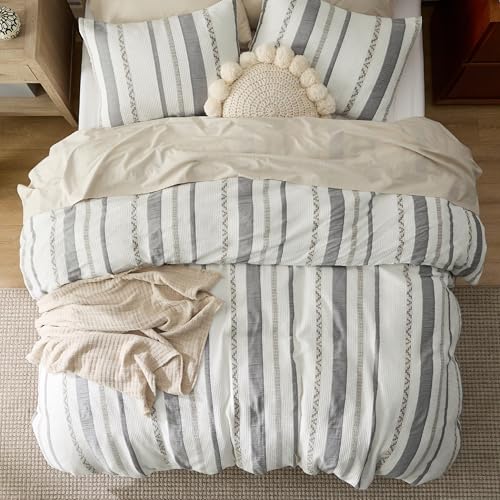 Image of Bedsure Waffle Weave Duvet Cover King - 100% Cotton Boho Duvet Cover with 2 Pillowcases - Cream White PureWoven Textured Comforter Cover with Zipper Closure (King, 104 inchx90 inch)