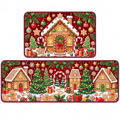 Christmas Kitchen Mat Gingerbread Rug Set of 2 Non Slip Holiday Decor - image 1