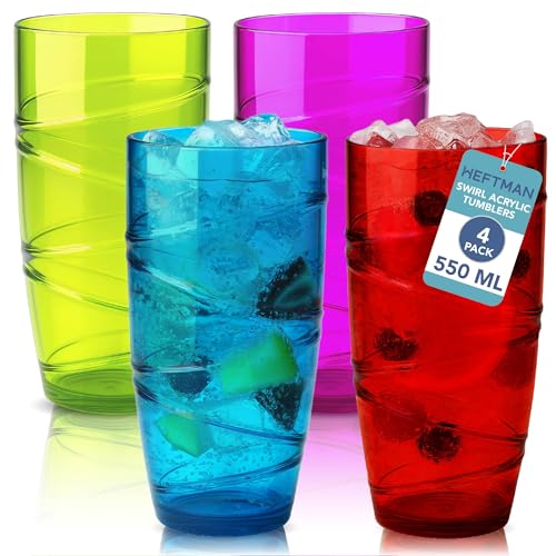 HEFTMAN Bicchieri Long Drink - Set di 4 Acrilico Bicchieri Colorati da 550 ml con Design a Spirale - Bicchieri in Plastica Rigida Lavabili Riutilizzabili per Picnic, Barbecue, Feste (4 Pezzi)