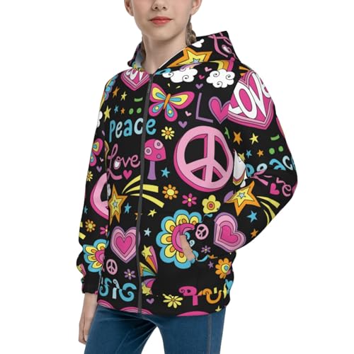 Peace Love and Dove Flower Power Kid Hoodies Boys Zip Up Sweatshirts Girls Pullover with Pocket
