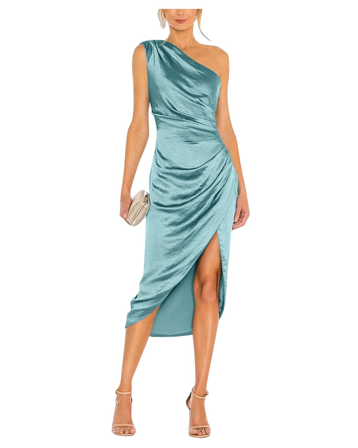 Satin Bridesmaid Dresses for Women One Shoulder Prom Dress Pleated Midi Formal Cocktail Gown Wedding Guest Dress with Slit