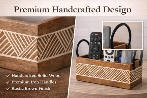 Image of Craft Expertise 3Compartment Remote Control Holder Stand for TV & AC - Wooden & Iron Remote Organizer for Table, Sofa & Bedside | Rustic Brown Decorative Remote | (11 x 4 x 4 Inches)