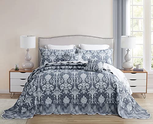 Blythease Oversized King Bedspread 128x120 Extra Wide, Jacquard Matelasse Damask Pattern Design, Lightweight, Reversible, 5 Piece, 100% Microfiber, Blue