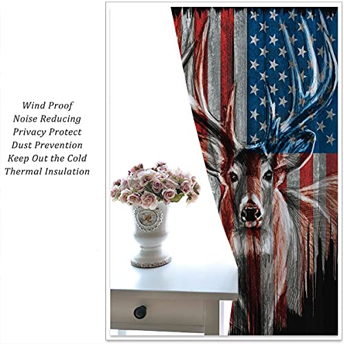 Gy Deer Curtains, Blackout Window Draperies Camouflage Rustic Patriotic Deer Big Antler Old Forest Retro American Flag Waterproof Window Curtain Decorative Curtain 42X63 Inch #TOP3