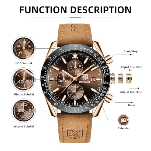 Image of BENYAR Mens Watches Quartz Movement Chronograph Leather Strap Fashion Business Sport Design 30M Waterproof Scratch Resistant Elegant Gifts for Men
