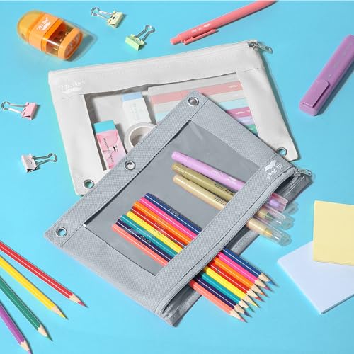 Image of Mr. Pen- Pencil Pouch for 3 Ring Binder, 2 Pack, 10 inchx6.75 inch, Smooth Zipper | Clear Window, Large Capacity Pencil Case with 3 Reinforced Grommets for School, Office, Supplies Storage | Clear Window, Large Capacity Pencil Case with 3 Reinforced Grommets for School, Office, Supplies Storage