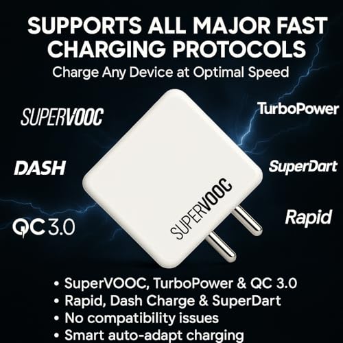 Image of 80W USB C Supervooc Fast Charging Charger with 3.3ft Cable Compatible with 13s /13 /13R /12 /12R /11 /11R /10Pro / 10R /10T /9Pro /9R /Nord 4 /Ce4 /5 Support Dash /Superdart /Wrap /Vooc 80Watt Adapter