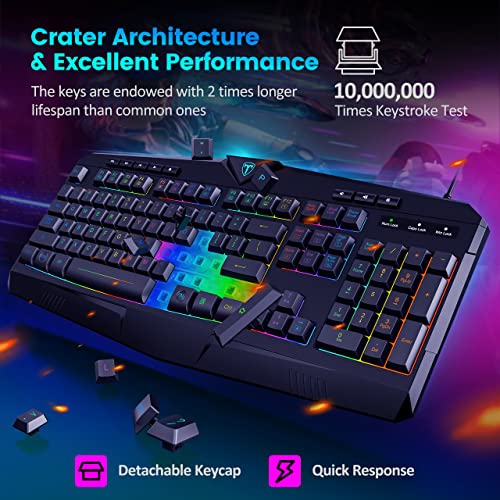 Gaming Keyboard, Dacoity Full Size Rainbow Led Backlit Quiet Computer Keyboard, Wrist Rest, 8 Multimedia Keys, 25 Keys Anti-Ghosting, Office Key, Waterproof Light Up Usb Wired Keyboard For Pc Mac Xbox #TOP3