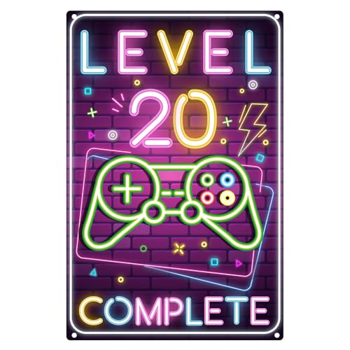 Retro Blechschild 20. Geburtstag Junge, LEVEL 20 COMPLETE, 20 Jahre Geburtstag Deko, lustiges Geburtstagsschild 20, Geschenk Weihnachtsgeschenke Geburtstagsgeschenk für Jugendliche Jungs Zocker