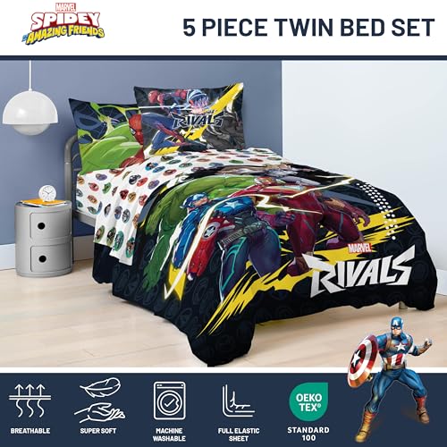 Image of Marvel Rivals Twin Comforter Set 5 Piece Superhero Bedding for Boys, Multi | Avengers, Comforter Sheets Sham Pillowcase, Official Product, Soft Microfiber, Machine Washable, Easy Care, Boys Gift