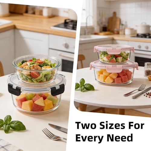 Image of Konokyo 24 Pack Round Glass Food Storage Containers with Lids, 12 Pink + 12 Black, Airtight Leakproof Meal Prep Containers, BPA-Free, Microwave Oven Freezer & Dishwasher Safe