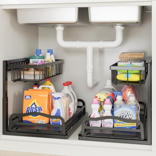 ViviDreamore 2 Metal Organizadores Debajo del Fregadero, 2 Niveles Deslizante Almacenamiento de Cocina, Estante Organizador Debajo del Gabinete para Baño con Cesta Deslizante, Altura Ajustable, Negro