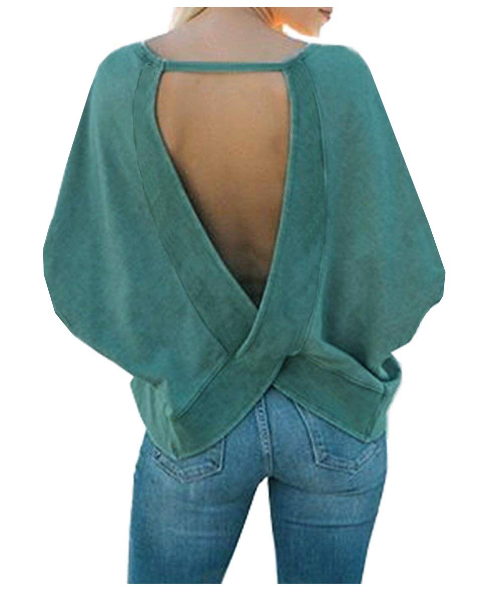 GOLDSTITCHWomen's Backless Loose Shirt Long Sleeve Open Back Cross Tee Top Blouse