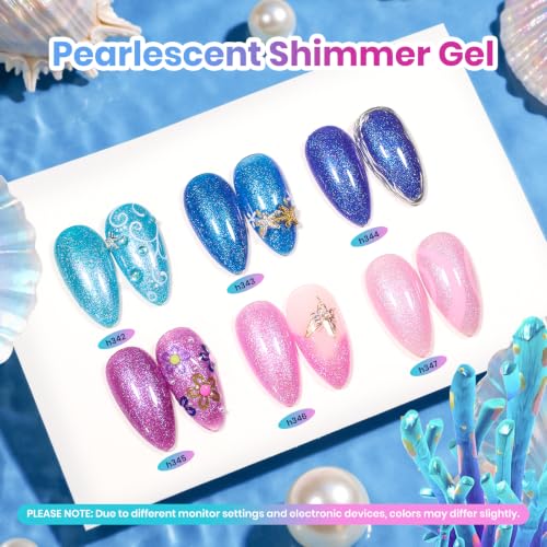 Image of Beetles Glitter Gel Nail Polish Set, Siren Scale Shimmer Gel Polish, 6 Colors 9ml UV LED Soak Off Blue Pink Purple Mermaid Nail Art Set with Rhinestones & Swatch Card