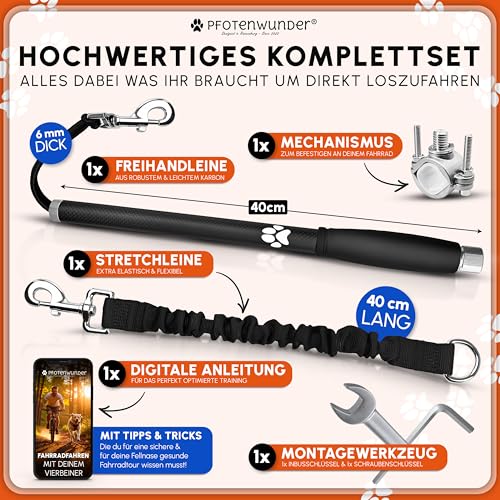 PFOTENWUNDER® Fahrradleine Hund, Hunde-Fahrradleine + 1 elastische Hundeleine & 1 Trainingsbuch, extra Dicke 6mm-Leine | Abstandhalter Fahrradhalter aus hochwertige Karbonfasern mit Stoßdämpfern
