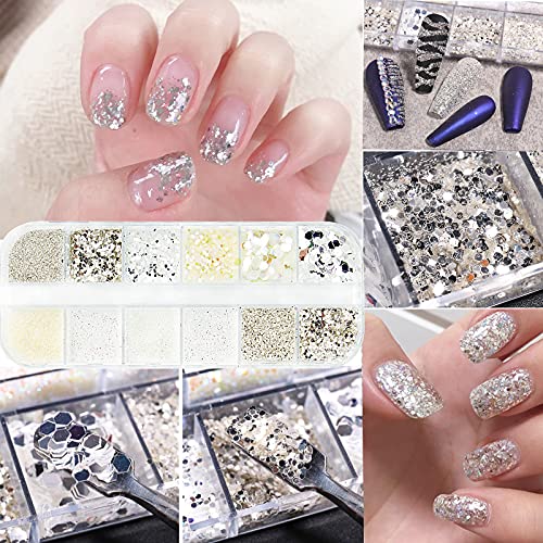 FLOFIA Nagel Glitzer Strasssteine Set 3 Boxen Nail Art Deko Nagelflocke Muschel Nagel Kunst Zubehör DIY Nageldesign… – Bild 4