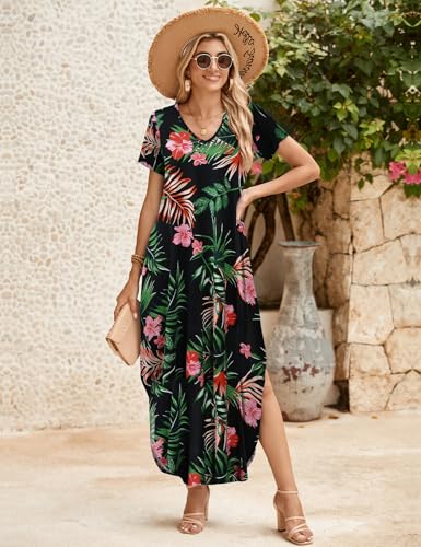 Image of JollieLovin Womens Plus Size Casual Summer Maxi Long Dress Short Sleeve T-Shirt Loose Sun Dress(L-5X)