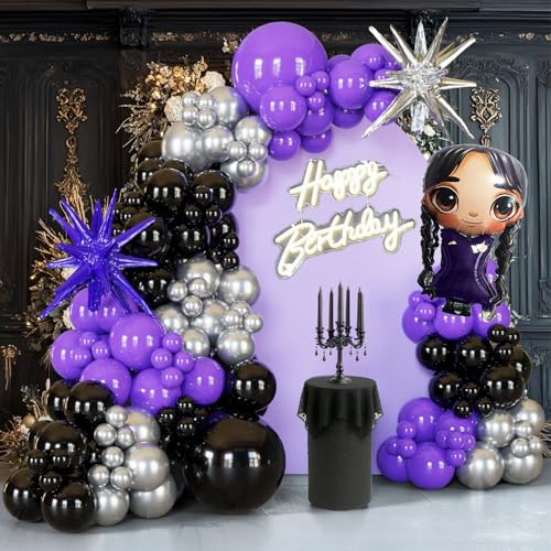 Image of ECEAE 144Pcs Purple Black Balloon Arch Garland Kit with Star and Gothic Cartoon Girl Foil Balloons for Spooky Birthday Decorations, Halloween Balloon Garland, Gothic Girl Party Supplies